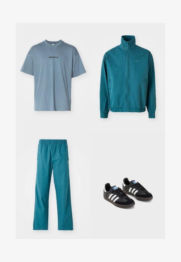 Tīrā zilganas krāsas vieglais mētelis ar augstu apkakli, ar rāvējslēdzēju priekšpusē, divām sānu kabatām, elastīgām manšettēm un trim vertikālām svītrām gar piedurknēm.; Gaiši zila kokvilnas T-kreklu ar īsām piedurknēm, apaļu kaklu un melnu "Dickies" logotipu, kas drukāts priekšpusē. Maiga tekstūra un brīvs piegriezums.; Tirkīzzilās bikses no viegla auduma, ar elastīgu jostasvietu un taisnu piegriezumu, ar sānu kabatām.; Melnas sporta apavas ar zamšādas un sintētisku augšdaļu, ar trim baltām svītrām, teksturētu gumijas zoli un zilu logo birku uz mēles.