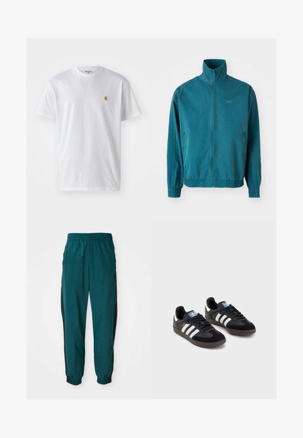 Lichte, tealkleurige jas met een hoge kraag, ritssluiting aan de voorkant, twee zijzakken, elastische manchetten en drie verticale strepen langs de mouwen.; Witte katoenen t-shirt met korte mouwen en ronde hals, voorzien van een klein gouden logo op de linkerkant van de borst. Zachte textuur en een normale pasvorm.; Teal sportbroek met een trekkoord in de taille, elastische boorden en zwarte zijstreep. Gemaakt van lichte stof en voorzien van een logo nabij de heup.; Zwarte sneakers met een bovenwerk van suède en synthetisch materiaal, voorzien van drie witte strepen, een gestructureerde rubberen zool en een blauw logo-label op de tong.