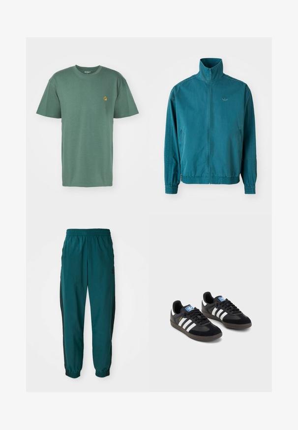 Giacca leggera color teal con colletto alto, zip frontale, due tasche laterali, polsini elastici e tre righe verticali lungo le maniche.; Carhartt WIP CHASE - T-shirt basic - duck green/gold; Pantaloni sportivi turchesi con vita regolabile tramite cordino, polsini elastici e strisce nere laterali. Realizzati in tessuto leggero, presentano un logo vicino all'anca.; Sneakers neri con tomaia in suede e materiale sintetico, caratterizzati da tre strisce bianche, suola in gomma testurizzata e etichetta blu sul linguetta.