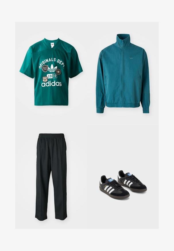 Giacca leggera color teal con colletto alto, zip frontale, due tasche laterali, polsini elastici e tre righe verticali lungo le maniche.; Maglia sportiva in rete color teal con scollo a V, maniche corte e toppe grafiche, tra cui "ORIGINALS DEPT." e "1972" in lettere bianche.; Pantaloni sportivi neri con vita elastica, realizzati in tessuto liscio, con cuciture laterali sottili e un fit rilassato, design a gamba dritta.; Sneakers neri con tomaia in suede e materiale sintetico, caratterizzati da tre strisce bianche, suola in gomma testurizzata e etichetta blu sul linguetta.