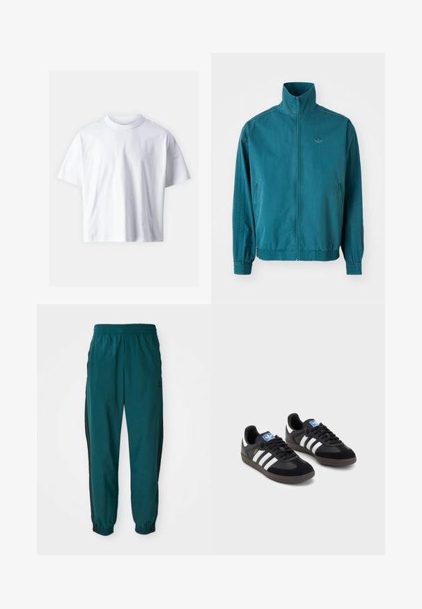 Teal lightweight jacket with a high collar, zip front, two side pockets, elastic cuffs, and three vertical stripes along the sleeves.; Jack & Jones JORHAWTHORNE BLANKS BIND CROPPED TEE - Basic T-shirt - bright white; Teal athletic pants with a drawstring waist, elastic cuffs, and side black stripes. Made of lightweight fabric, featuring a logo near the hip.; Black sneakers with a suede and synthetic upper, featuring three white stripes, textured rubber sole, and blue logo tag on the tongue.