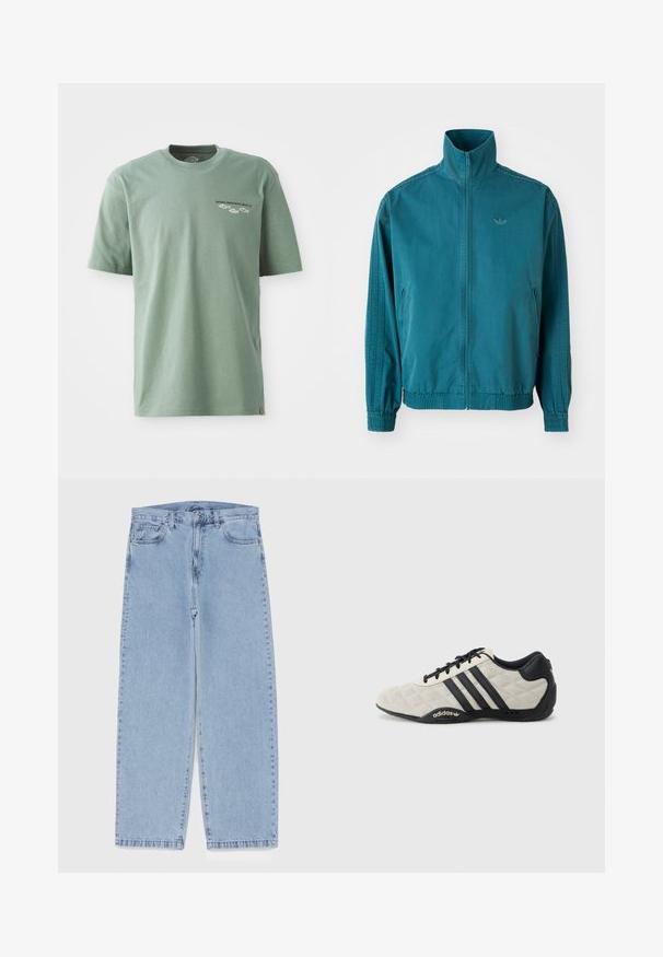 Teal lett jakke med høy krage, glidelås foran, to sidelommer, elastiske mansjetter og tre vertikale striper langs ermene.; Grønn bomull T-skjorte med korte ermer, rund halslinning, og brodert "Dickies Workwear Since 22" logo, med fjell- og fiskegrafikk.; Lyseblå denimjeans med rett ben-design, med mid-rise liv, fem lommer og knap og lynlås lukning.; Adidas sportssko med en teksturert, lys grå overdel og svarte skinndetaljer. Har svart tre-stripes logo og polstret såle.