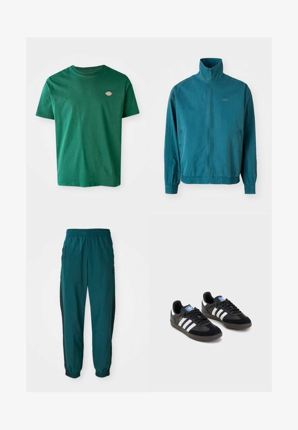 Tīrā zilganas krāsas vieglais mētelis ar augstu apkakli, ar rāvējslēdzēju priekšpusē, divām sānu kabatām, elastīgām manšettēm un trim vertikālām svītrām gar piedurknēm.; Zaļš kokvilnas T-krekls ar apaļu kakla izgriezumu, īsām piedurknēm un nelielu daudzkrāsainu logo kreisajā krūtīs. Mīksta tekstūra, ikdienišķs dizains.; Gaiši zili sporta bikses ar savelkamo jostu, elastīgām aprocēm un melnām svītrām sānos. Izgatavotas no viegla auduma, ar logo tuvu gurnam.; Melnas sporta apavas ar zamšādas un sintētisku augšdaļu, ar trim baltām svītrām, teksturētu gumijas zoli un zilu logo birku uz mēles.