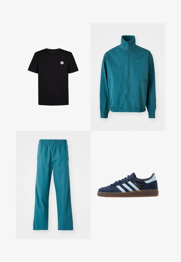 Tukkean kevyt takki korkealla kauluksella, vetoketjukiinnitys, kaksi sivutaskua, joustavat hihansuut ja kolme pystysuoraa raitaa hihojen varrella.; Musta puuvillapaita lyhyillä hihoilla ja pyöreällä pääntiellä. Vasemmassa rintakappaleessa on pieni pyöreä logo. Yksinkertainen muotoilu.; Housut, jotka ovat teal-väriset ja valmistettu kevyestä kankaasta, jossa on joustava vyötärö ja suora leikkaus sivutaskuilla.; Adidaksen tummansininen mokkanahkakengät vaaleansinisin raidoitta, kumipohja, vaaleansininen kantatuki ja kultainen "Spezial" -merkintä sivussa.