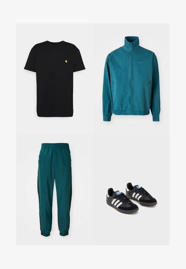 Türkiissinine kerge jakk kõrge kraega, lukuga ees, kahe küljetaskuga, elastsete mansettidega ning kolme vertikaalse triibuga varrukatel.; Must must tee, lühikeste varrukatega, ümar kaelus ja vasakul rinnal väike kollane logo. Lihtne disain ja regulaarne istuvus.; Türkis värvi spordipüksid, millel on nööriga vöökoht, elastsed mansetid ja mustad triibud külgedel. Valmistatud kergest kangast, logoga puusade lähedal.; Mustad tossud, mille pealseks on seemisnahk ja sünteetilised materjalid, kolme valge triibuga, tekstureeritud kummitald ja sinine logo silt keele peal.