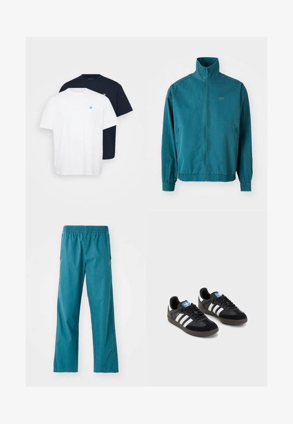 Chaqueta ligera color teal con un alto cuello, cierre de cremallera frontal, dos bolsillos laterales, puños elásticos y tres franjas verticales a lo largo de las mangas.; Dos camisetas: una blanca con un pequeño logo azul, y una azul marino con un logo a juego. Ambas son de algodón, cuentan con cuello redondo y mangas cortas.; Pantalones de color verde azulado hechos de un tejido ligero, con cinturilla elástica y un corte recto con bolsillos laterales.; Zapatillas negras con un upper de ante y sintético, con tres rayas blancas, suela de goma texturizada y etiqueta de logo azul en la lengüeta.