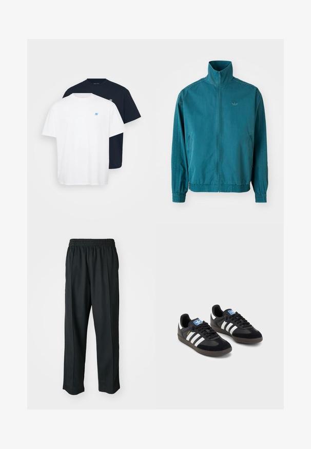 Teal lett jakke med høy krage, glidelås foran, to sidelommer, elastiske mansjetter og tre vertikale striper langs ermene.; To t-skjorter: en hvit med en liten blå logo, en marineblå med en matchende logo. Begge er i bomull, med crew neck og korte ermer.; Sorte idrettsbukser med elastisk midje, laget av glatt stoff, med subtile sidesømmer og en avslappet passform, rett ben-design.; Svarte sneakers med overdel i semsket lær og syntetisk materiale, med tre hvite striper, strukturert gummisåle og blå logoetikett på tungen.