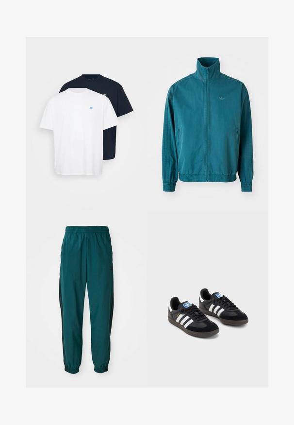Teal lightweight jacket with a high collar, zip front, two side pockets, elastic cuffs, and three vertical stripes along the sleeves.; Two T-shirts: one white with a small blue logo, one navy with a matching logo. Both are cotton, featuring crew necks and short sleeves.; Teal athletic pants with a drawstring waist, elastic cuffs, and side black stripes. Made of lightweight fabric, featuring a logo near the hip.; Black sneakers with a suede and synthetic upper, featuring three white stripes, textured rubber sole, and blue logo tag on the tongue.