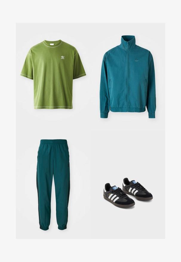 Teal lightweight jacket with a high collar, zip front, two side pockets, elastic cuffs, and three vertical stripes along the sleeves.; Short-sleeve green T-shirt made of cotton, featuring a round neck and a small white Adidas logo on the left chest. White stitching accents.; Teal athletic pants with a drawstring waist, elastic cuffs, and side black stripes. Made of lightweight fabric, featuring a logo near the hip.; Black sneakers with a suede and synthetic upper, featuring three white stripes, textured rubber sole, and blue logo tag on the tongue.