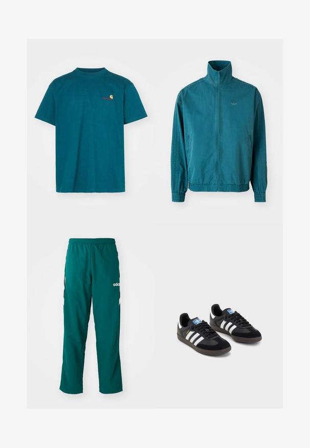 Giacca leggera color teal con colletto alto, zip frontale, due tasche laterali, polsini elastici e tre righe verticali lungo le maniche.; T-shirt in cotone verde acqua con scollo rotondo. Presenta un piccolo logo arancione e rosso sul lato sinistro del petto. Maniche corte e vestibilità comoda.; Pantaloni sportivi verdi realizzati in un tessuto leggero, con una vita elasticizzata, tasche laterali e il logo bianco Adidas sul lato sinistro.; Sneakers neri con tomaia in suede e materiale sintetico, caratterizzati da tre strisce bianche, suola in gomma testurizzata e etichetta blu sul linguetta.
