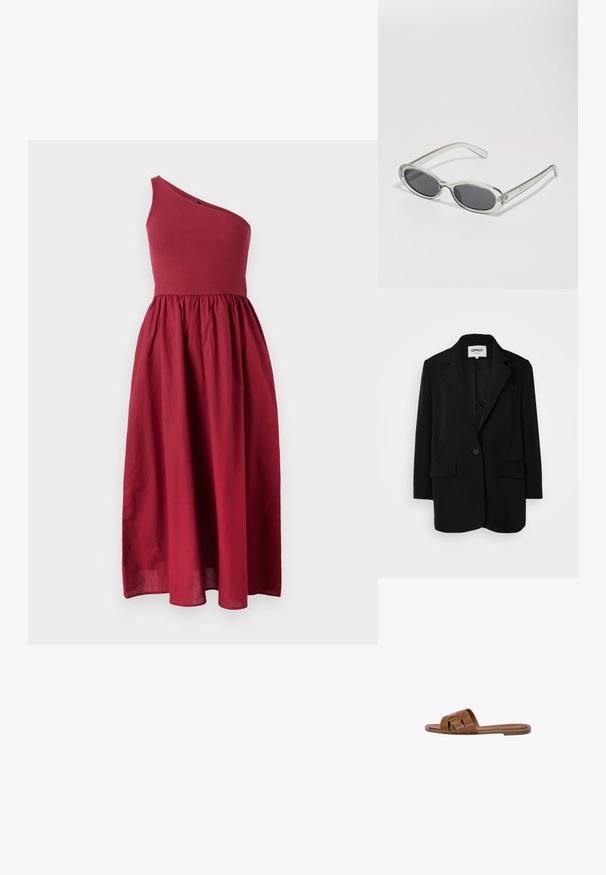 Fekete zakó puha anyagból, lekerekített hajtókával, egy gombos záródással, két elülső zsebbel és testhezálló fazonnal.; Egynóta, térdmidig érő ruha sötétvörös színben, testszabott felsőrésszel és lengő szoknyával, könnyű anyagból, sima textúrával.; Barna bőr csúszó szandál keresztezett pántokkal, lapos talppal és sima textúrával. Egyszerű design díszítések vagy minták nélkül.; Ovális formájú napszemüveg, átlátszó műanyag keret, sötétszürke lencsék és vékony, átlátszó szárak, logóakkcentussal és minimális díszítéssel.