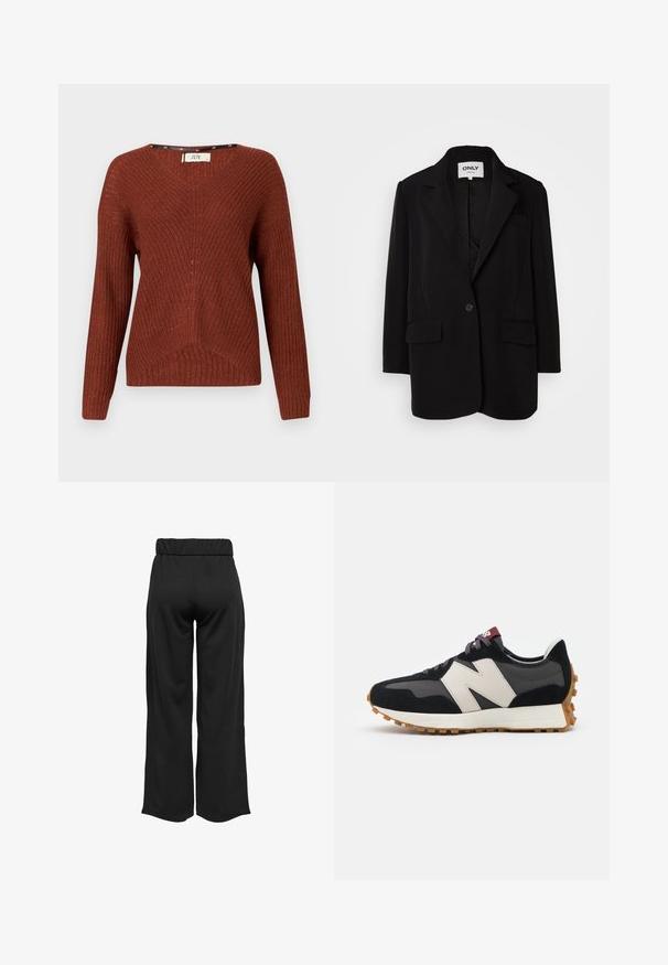 Sort blazer lavet af blødt stof, med klapkrave, enkelt knaplukning, to forlommer og en skræddersyet pasform.; Rustfarvet strikket sweater med V-hals, lange ærmer og et struktureret mønster. Har et subtilt ribbet design og en løs pasform.; Sorte, vide bukser med elastisk talje, lavet af glat stof. Har et enkelt design uden lommer eller synlige sømdetaljer.; Sort og grå ruskinds sneakers med et stort cremefarvet "N" logo, lilla snørebånd og en struktureret gummisål.