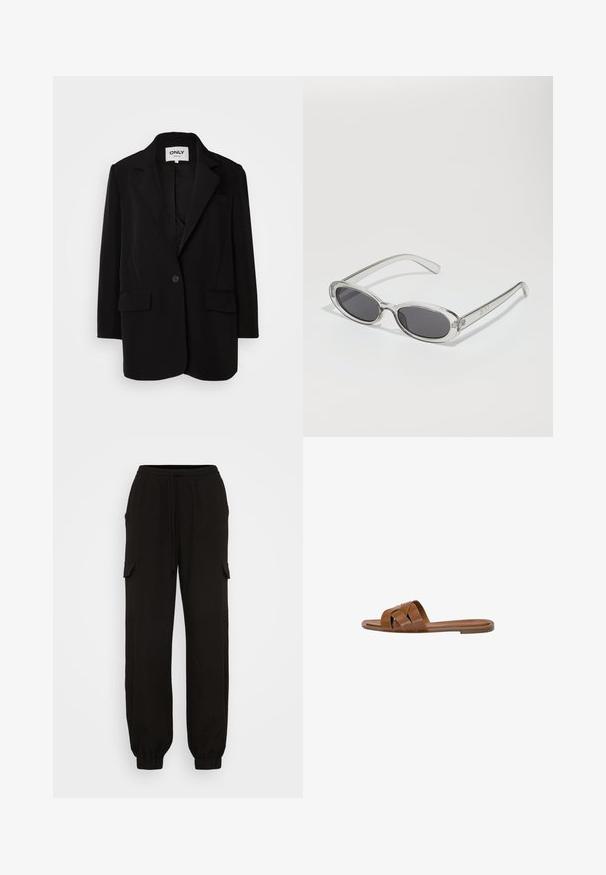 Čierny blejzer vyrobený z jemnej tkaniny, s klopou, jedným gombíkom, dvoma prednými vreckami a prispôsobeným strihom.; Dva bezšvové šály: jeden čierny a jeden biely. Obe sú vyrobené z mäkkej, elastickej látky a majú hladkú textúru bez vzorov.; Čierne cargo nohavice s voľným strihom, vybavené elastickým pásom, sťahovacou šnúrkou a bočnými vreckami. Vyrobené z ľahkého materiálu.; Hnedé kožené šľapky s krížovými popruhmi, plochou podrážkou a hladkým povrchom. Jednoduchý dizajn bez ozdôb alebo vzorov.; Slnečné okuliare oválneho tvaru, s priehľadným plastovým rámom, tmavošedými šošovkami a tenkými priehľadnými ramienkami s logovými akcentmi a minimálnym detailovaním.