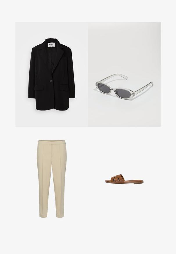 Black blazer made of soft fabric, featuring a notched lapel, single button closure, two front pockets, and a tailored fit.; Two seamless tube scarves: one black and one white. Both are made of soft, stretchy fabric and feature a smooth texture without patterns.; Beige tailored trousers with a straight leg, front pleats, and a cuffed hem. Smooth texture and no visible hardware or patterns.; Brown leather slide sandal with crossed straps, flat sole, and a smooth texture. Simple design without embellishments or patterns.; Sunglasses with an oval shape, clear plastic frame, dark gray lenses, and thin transparent arms featuring logo accents and minimal detailing.