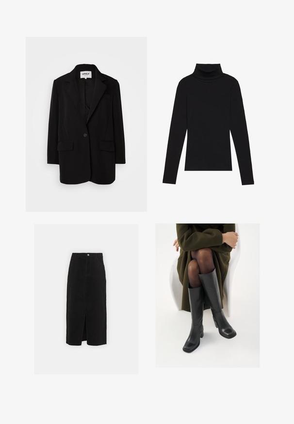 Sacou negru dintr-un material moale, cu rever clasic, închidere cu un buton, două buzunare frontale și croială ajustată.; Cămășuță neagră cu guler înalt, dintr-un material cu dungi, cu un design aderent, fără modele sau accente.; Fustă midi din denim negru, cu o fanta frontală, design clasic cu cinci buzunare și închidere cu un buton argintiu la talie.; Cizme din piele neagră, până la genunchi, cu vârf pătrat și toc bloc, prezentate pe un model așezat într-o haină verde măsline. Textură netedă, detalii minime.