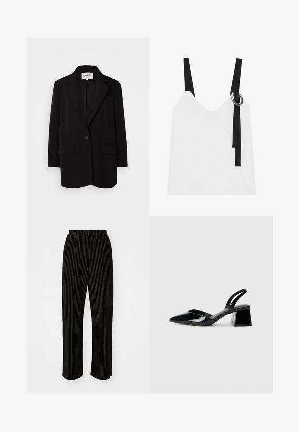 Fekete zakó puha anyagból, lekerekített hajtókával, egy gombos záródással, két elülső zsebbel és testhezálló fazonnal.; Fehér ujjatlan felső V-nyakkal, fekete pántokkal és ezüst karika részlettel. Simább anyag és modern, minimalista dizájn.; Fekete, széles szárú nadrág fehér függőleges csíkozással, rugalmas derékkal a kényelem érdekében és sima, puha textúrával.; Fekete lakk bőr szandálkés magas sarkú cipő, hegyes orral és geometrikus tömbsarkakkal. Karcsú, minimalista dizájn és sima textúra jellemzi.