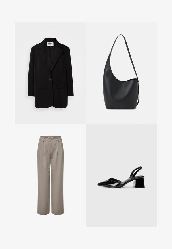 Černý blejzr vyrobený z měkké tkaniny, se zakřiveným límcem, zapínáním na jeden knoflík, dvěma předními kapsami a se štíhlým střihem.; Hnědé, jednodílné plavky s vysokým krkem a tenkými, nastavitelnými ramínky; mají vysoký střih nohavic a hladkou texturu. Žádné vzory ani ozdoby.; Světle hnědé kalhoty s širokými nohavicemi, které mají plisování, hladkou strukturu a čistý design pasu. Jednoduché a univerzální pro různé outfity.; Černé lakované kožené lodičky na pásku s špičatou špičkou a geometrickým blokovým podpatkem. Vyznačují se elegantním, minimalistickým designem a hladkým povrchem.; Černá kožená hobo taška s hladkým povrchem, zakřiveným tvarem a jedním nastavitelným popruhem; má široké otevírání nahoře.