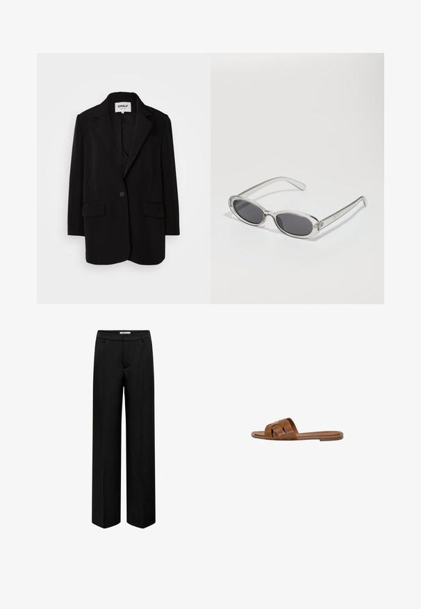 Sort blazer lavet af blødt stof, med klapkrave, enkelt knaplukning, to forlommer og en skræddersyet pasform.; Hvid kortærmet t-shirt lavet af bomuld. Har en rund halsudskæring og en afslappet pasform. Glat tekstur uden synlige mønstre eller detaljer.; ONLY WIDE FIT - Bukser - black; Brun læder slide sandal med krydsede stropper, flad sål og en glat overflade. Enkel design uden udsmykninger eller mønstre.; Solsikker med oval form, klar plastramme, mørkegrå linser og tynde gennemsigtige arme med logovariationer og minimal detaljer.