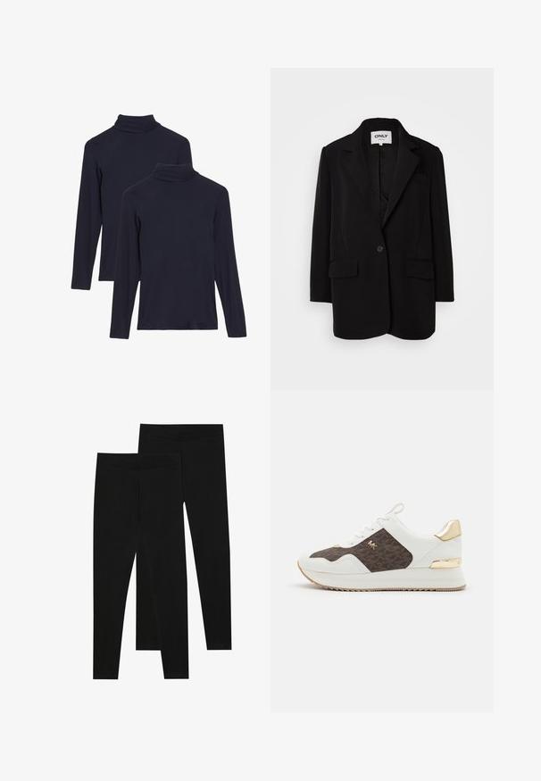 Czarna marynarka wykonana z miękkiego materiału, z klapami, zapinana na jeden guzik, z dwiema przednimi kieszeniami i dopasowanym krojem.; Marks & Spencer 2 PACK THERMAL HEATGEN - Podkoszulki; Czarne legginsy wykonane z elastycznego materiału, z bezszwowym pasem i dopasowanym krojem, odpowiednie do noszenia na co dzień lub do ćwiczeń.; Białe sneakersy z brązowym wzorzystym panelem materiałowym, złotymi elementami, okrągłym noskiem, sznurowanym designem i teksturowaną gumową podeszwą.