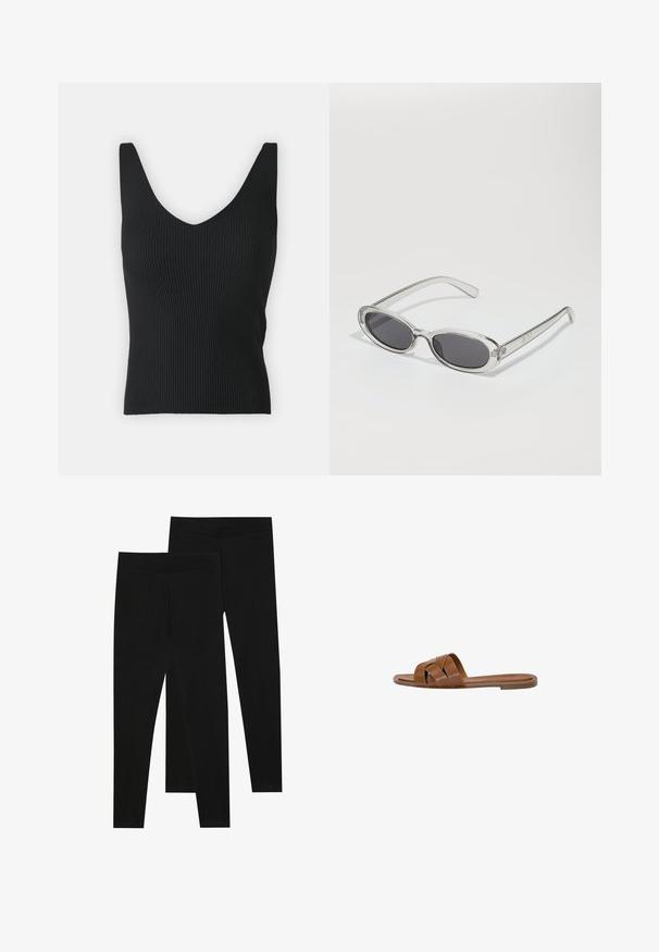 Sort blazer lavet af blødt stof, med klapkrave, enkelt knaplukning, to forlommer og en skræddersyet pasform.; Sort ribbet tanktop med en dyb V-udskæring og brede skulderstropper. Glat tekstur, tætsiddende silhuet og ingen synlige dekorationer.; Sorte leggings lavet af strækbart stof med en sømløs talje og en slim fit design, velegnet til afslappet brug eller træning.; Brun læder slide sandal med krydsede stropper, flad sål og en glat overflade. Enkel design uden udsmykninger eller mønstre.; Solsikker med oval form, klar plastramme, mørkegrå linser og tynde gennemsigtige arme med logovariationer og minimal detaljer.