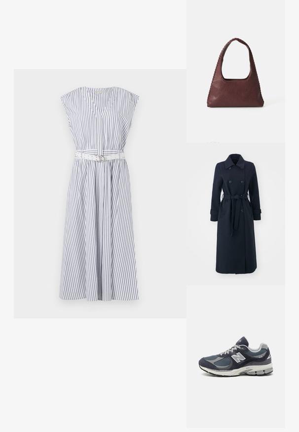Marineblauwe trenchcoat van een wolblendstof, met een dubbelzijdige voorkant, een ceintuur in de taille en zijzakken.; Gestreepte mouwloze jurk in lichtblauw en wit, met een V-hals, een gecincht taille met een witte riem en een uitlopende rok.; New Balance sneakers met een marineblauwe mesh en suede bovenkant, grijze accenten, wit logo, gevoerde zool en gestructureerde details.; Bordeaux leren handtas met een driehoekige vorm, open bovenkant en vlechtwerk langs de handgreep. Soepele textuur met een matte afwerking.