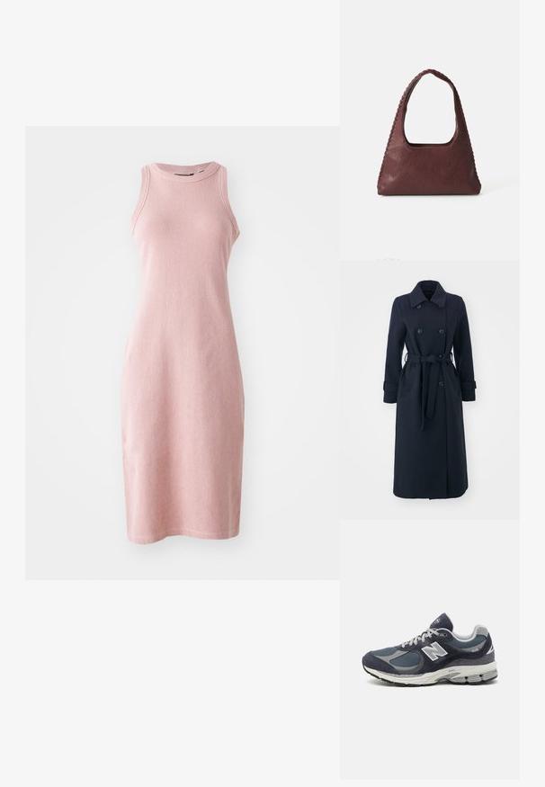 Casaco trench azul-marinho feito de um tecido de lã misto, apresentando uma frente de duas fileiras de botões, cintura cinchada, e bolsos laterais.; Vestido de malha rosa com silhueta ajustada, design sem mangas, decote redondo e textura canelada, atingindo logo acima do joelho.; Sapatilhas New Balance com parte superior em malha e camurça azul-marinho, detalhes cinza, logótipo branco, sola almofadada e pormenores texturizados.; Mala de mão em couro bordeaux com formato triangular, topo aberto e detalhe trançado ao longo da alça. Textura lisa com acabamento mate.