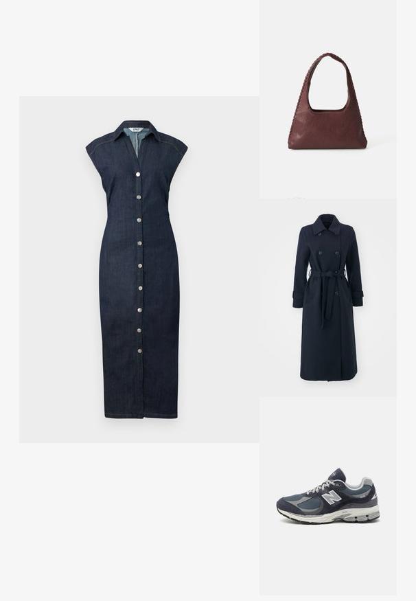 Navy blue trench coat made of wool blend fabric, featuring a double-breasted front, belted waist, and side pockets.; Denim dress features a button-down front, collar, cap sleeves, and a fitted silhouette, in a dark rinse with subtle stitching details.; New Balance sneakers with a navy mesh and suede upper, gray accents, white logo, cushioned sole, and textured detailing.; Burgundy leather handbag with a triangular shape, open top, and braided detail along the handle. Smooth texture with a matte finish.