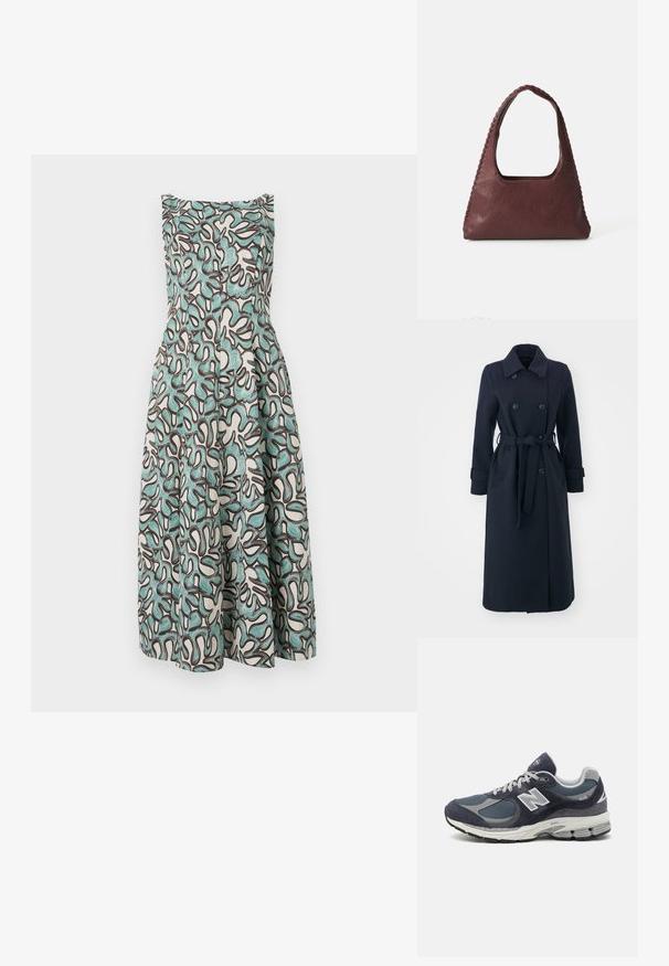 Trench coat azul marino hecho de una mezcla de lana, con un frontal de doble botonadura, cintura ceñida con cinturón y bolsillos laterales.; Un vestido ajustado sin mangas que presenta una base blanca con patrones abstractos en tonos azul verdoso y marrón oscuro, con un corte acampanado en la cintura y un acabado texturizado.; Zapatillas New Balance con un upper de malla y ante en color marino, acentos grises, logo blanco, suela acolchada y detalles texturizados.; Bolso de mano de cuero burdeos con forma triangular, apertura en la parte superior y detalle trenzado en el asa. Textura suave con un acabado mate.