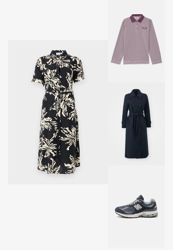 Casaco trench azul-marinho feito de um tecido de lã misto, apresentando uma frente de duas fileiras de botões, cintura cinchada, e bolsos laterais.; Vestido de manga curta, com botões, em tecido preto com grandes padrões florais em creme, cintura ajustada com um cinto, comprimento intermédio, colarinho clássico.; Polo de mangas longas listrado em bordô e branco, com colarinho, placket de três botões e logotipo bordado no peito.; Sapatilhas New Balance com parte superior em malha e camurça azul-marinho, detalhes cinza, logótipo branco, sola almofadada e pormenores texturizados.