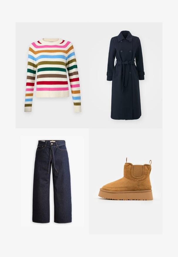 Navy blue trench coat made of wool blend fabric, featuring a double-breasted front, belted waist, and side pockets.; GAP CASHSOFT CREW - Jumper - multi coloured; Wide-leg dark blue denim jeans with a high waist, featuring a drawstring tie, five pockets, and contrasting stitching details.; Brown suede ankle boot with a textured upper, elastic side panels, and a thick rubber sole featuring a pronounced tread pattern.