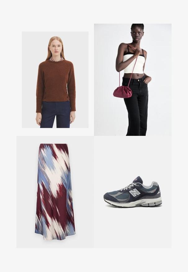 Granatowy trencz wykonany z mieszanki wełny, z podwójnym zapięciem z przodu, paskiem w talii oraz bocznymi kieszeniami.; Brązowy sweter z wełny o ryppowanym wzorze, okrągłym dekolcie i czarnych guzikach po bokach, noszony na koszuli z kołnierzykiem o geometrycznym wzorze.; Długa spódnica z skośnym wzorem tie-dye w kolorach burgundowym, niebieskim i kremowym, wykonana z miękkiego materiału o płynnej sylwetce i delikatnym połysku.; Sneakers New Balance z górną częścią z siateczki i zamszu w kolorze granatowym, szarymi akcentami, białym logo, amortyzowaną podeszwą oraz z fakturowymi detalami.; Burgundowa torba na ramię z miękkiego materiału, z marszczonym wzorem i długim paskiem, noszona na krzyż. Modelka nosi białą bluzkę crop top i czarne dżinsy.