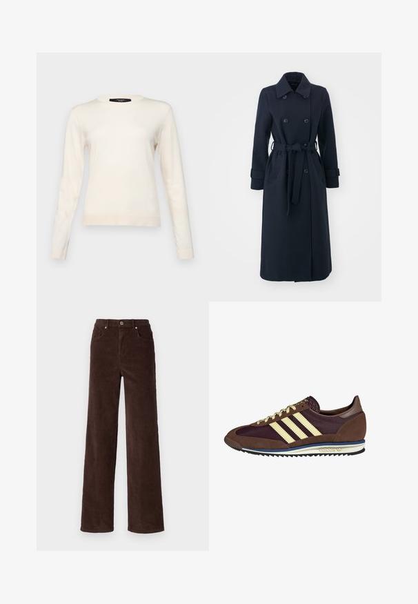 Marineblauwe trenchcoat van een wolblendstof, met een dubbelzijdige voorkant, een ceintuur in de taille en zijzakken.; Weekend Max Mara SICILIA - Trui - latte; Vero Moda VMTESSA WIDE PANTS - Broek - chocolate torte; Bruine en bordeauxkleurige sneaker van suede en mesh materiaal, met drie crèmekleurige strepen, een gemêleerd stof op de tong en een rubberen zool.