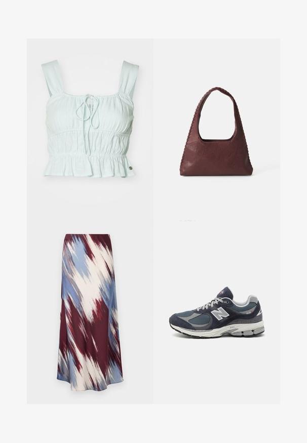 Tengerészeti kék, gyapjú keverékből készült trench coat, dupla gombolású elülső résszel, derékra övezett fazonnal és oldalsó zsebekkel.; Világoskék, cropped top, gyűrt anyaggal, állítható, megkötős elejével és fodros szegéllyel. Széles pántokkal és kis fém díszítéssel rendelkezik.; Hosszú szoknya, amelynek átlós, batikolt mintázata bordó, kék és krém színekben készült, puha anyagból, amely áramló sziluettel és enyhe fénylő felülettel rendelkezik.; Új Balance sportcipők sötétkék hálós és velúr felsőrésszel, szürke kiegészítőkkel, fehér logóval, párnázott talppal és texturált részletekkel.; Burgundi bőr kézitáska, háromszög alakú, nyitott tetejű, fonott részletekkel a húzón. Simább tapintású, matt felülettel.