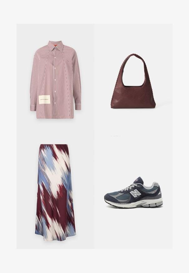 Navy blue trench coat made of wool blend fabric, featuring a double-breasted front, belted waist, and side pockets.; Striped button-up shirt in red and white with long sleeves, a collar, and a patch featuring coordinates on the lower left side.; Long skirt featuring a diagonal tie-dye pattern in burgundy, blue, and cream, made of soft fabric with a flowing silhouette and slight sheen.; New Balance sneakers with a navy mesh and suede upper, gray accents, white logo, cushioned sole, and textured detailing.; Burgundy leather handbag with a triangular shape, open top, and braided detail along the handle. Smooth texture with a matte finish.