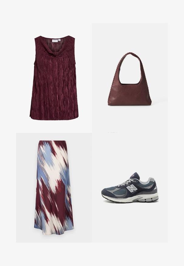 Tengerészeti kék, gyapjú keverékből készült trench coat, dupla gombolású elülső résszel, derékra övezett fazonnal és oldalsó zsebekkel.; Burgundi ujjatlan felső, drapált nyakkal, függőleges ráncokkal és texturált felülettel. Fényes, könnyű anyagból készült.; Hosszú szoknya, amelynek átlós, batikolt mintázata bordó, kék és krém színekben készült, puha anyagból, amely áramló sziluettel és enyhe fénylő felülettel rendelkezik.; Új Balance sportcipők sötétkék hálós és velúr felsőrésszel, szürke kiegészítőkkel, fehér logóval, párnázott talppal és texturált részletekkel.; Burgundi bőr kézitáska, háromszög alakú, nyitott tetejű, fonott részletekkel a húzón. Simább tapintású, matt felülettel.