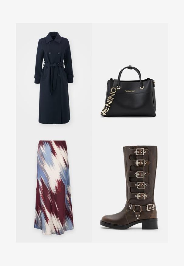 Marineblå trenchcoat laget av ullblandingsstoff, med dobbelspent front, belte i midjen og sidelommer.; Svart bomull t-skjorte med korte ermer, rund hals og avslappet passform. Glatt tekstur uten synlige mønstre eller aksenter.; Lang skjørt med et diagonalt tie-dye mønster i burgunder, blått og kremfarge, laget av mykt stoff med en flytende silhuett og lett glans.; Steve Madden BATTLE - Cowboystøvler - brown; Svart skinnhandväska med guldfärgade detaljer, utrustad med två topphandtag och ett dekorerat logoband. Texturerad yta och strukturerad design.