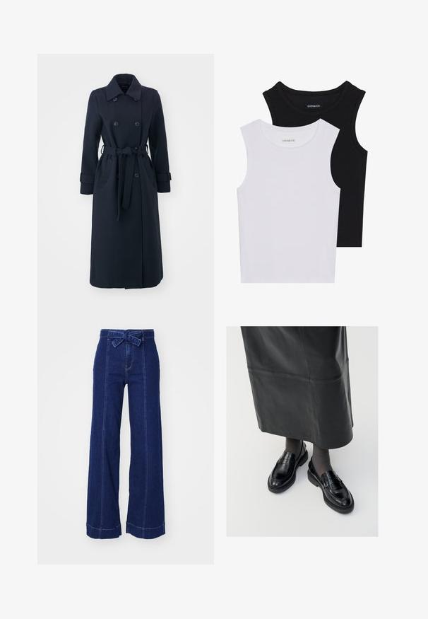 Tamsiai mėlynas vilnos mišinio paltas, turintis dvigubą užsegimą, diržą juosmeniui ir šonines kišenes.; Du kamščių be rankovių juodos ir baltos spalvų, pagaminti iš banguoto medvilnės, su apvaliais kaklo iškirpimais ir priglundančiu siluetu. Matomi etiketės abiejuose.; Plati juodos džinsinės kelnės su aukštu juosmeniu, su priekyje esančiu prisirišamu diržu ir kontrastingomis siūlėmis palei šonines siūles bei apdailą.; Juodos odinės loafer bateliai su glotniu paviršiumi, dekoratyvine juostele, apvalia nosimi ir tekstūruotu padu. Dėvimi su ilga juoda odine sijonu.