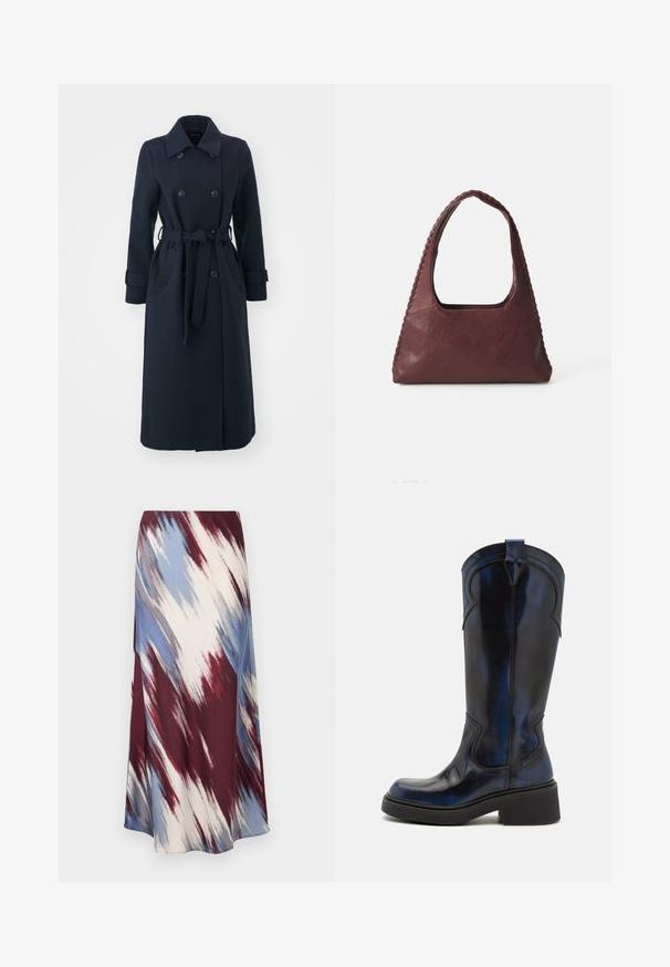 Tengerészeti kék, gyapjú keverékből készült trench coat, dupla gombolású elülső résszel, derékra övezett fazonnal és oldalsó zsebekkel.; Burgundi és fehér csíkos, hosszú ujjú pólóing, amely gallérral, három gombos gombolással és hímzett logóval rendelkezik a mellkason.; Hosszú szoknya, amelynek átlós, batikolt mintázata bordó, kék és krém színekben készült, puha anyagból, amely áramló sziluettel és enyhe fénylő felülettel rendelkezik.; Bronx DAFF-EY - Cowboy és motoros csizmák - black/galactic blue; Burgundi bőr kézitáska, háromszög alakú, nyitott tetejű, fonott részletekkel a húzón. Simább tapintású, matt felülettel.