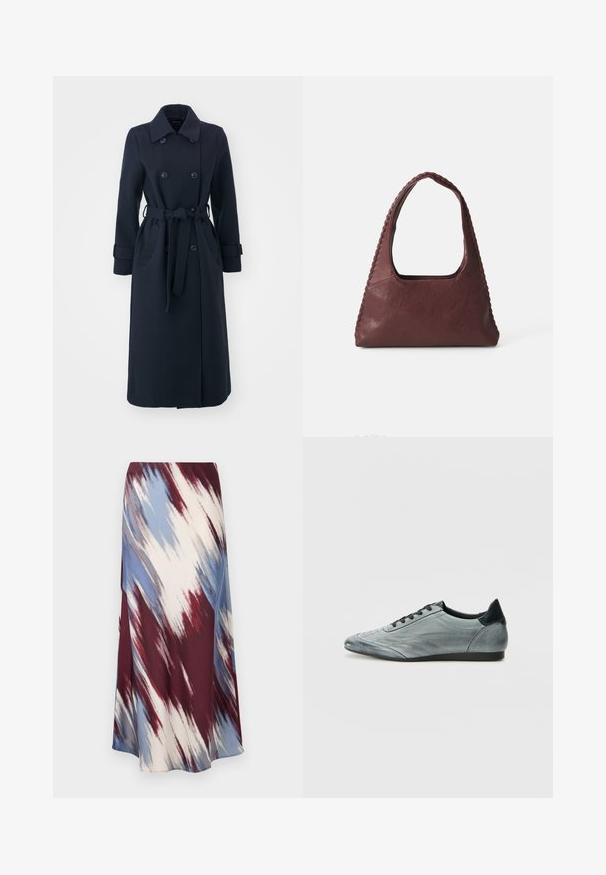 Marinblå trenchcoat gjord av en blandning av ullfibrer, med dubbelknäppt front, midjebälte och sidofickor.; Långärmad randig polo t-shirt i vinröd och vit, med krage, knappslå med tre knappar och broderad logga på bröstet.; Maxikjol i mjukt tyg med ett diagonalt mönster i vinrött, blått, grått och kremfärgat. Flödande design med en fåll som går ner till anklarna.; Ljusgrå lädersneaker med en strömlinjeformad design, med sydda detaljer, svarta snören och en mörk hälaccent. Gummi-sula.; Burgunderfärgad läderhandväska med triangulär form, öppen topp och flätad detalj längs handtaget. Slät textur med matt finish.