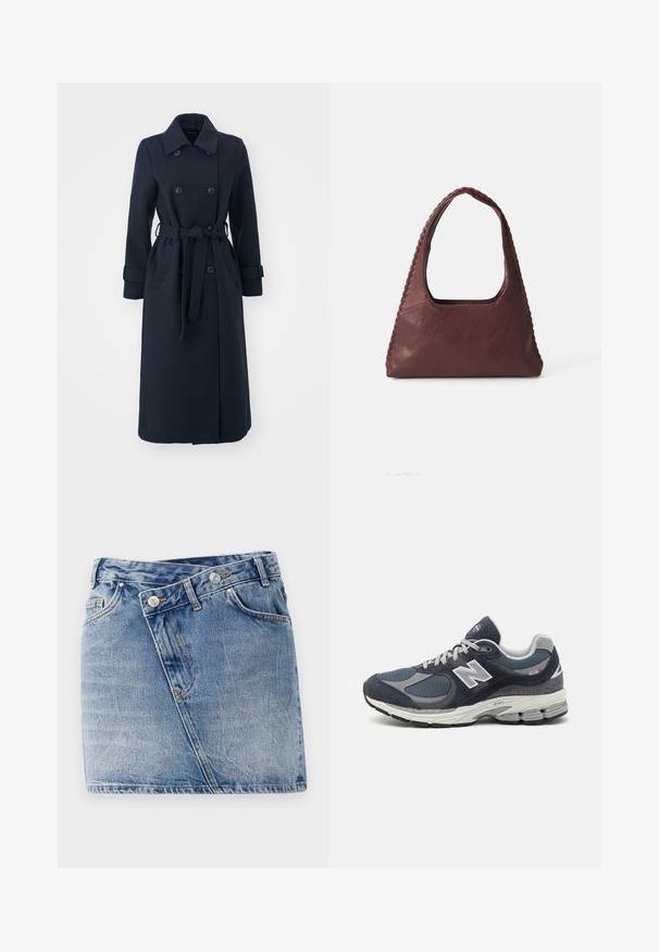 Tengerészeti kék, gyapjú keverékből készült trench coat, dupla gombolású elülső résszel, derékra övezett fazonnal és oldalsó zsebekkel.; Burgundi és fehér csíkos, hosszú ujjú pólóing, amely gallérral, három gombos gombolással és hímzett logóval rendelkezik a mellkason.; Világoskék farmer miniszoknya, ferde varratokkal, két elülső zsebbel és két fém gombbal a derék résznél. Használatos, texturált bevonat.; Új Balance sportcipők sötétkék hálós és velúr felsőrésszel, szürke kiegészítőkkel, fehér logóval, párnázott talppal és texturált részletekkel.; Burgundi bőr kézitáska, háromszög alakú, nyitott tetejű, fonott részletekkel a húzón. Simább tapintású, matt felülettel.