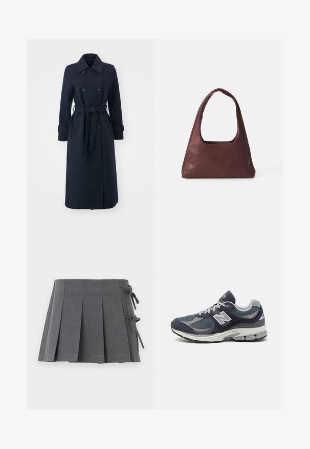 Casaco trench azul-marinho feito de um tecido de lã misto, apresentando uma frente de duas fileiras de botões, cintura cinchada, e bolsos laterais.; Polo de mangas longas listrado em bordô e branco, com colarinho, placket de três botões e logotipo bordado no peito.; Saia plissada cinza com um cós de laços, feita de tecido texturizado, com um corte limpo e sem ferragens visíveis.; Sapatilhas New Balance com parte superior em malha e camurça azul-marinho, detalhes cinza, logótipo branco, sola almofadada e pormenores texturizados.; Mala de mão em couro bordeaux com formato triangular, topo aberto e detalhe trançado ao longo da alça. Textura lisa com acabamento mate.