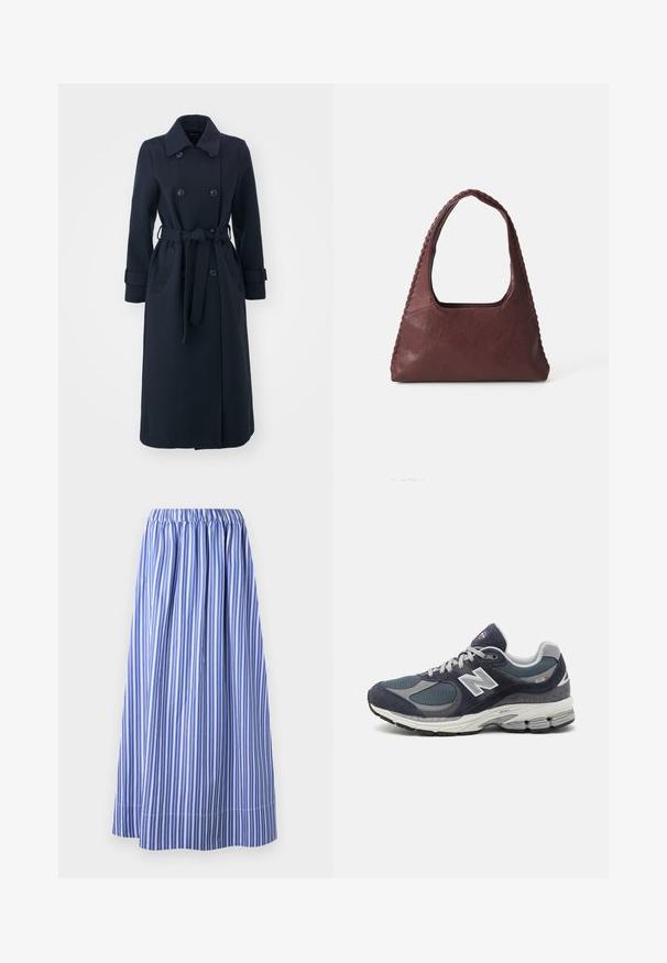 Trench coat azul marino hecho de una mezcla de lana, con un frontal de doble botonadura, cintura ceñida con cinturón y bolsillos laterales.; Camisa polo de manga larga a rayas en burdeos y blanco, con cuello, tapeta de tres botones y logo bordado en el pecho.; Falda a rayas azules y blancas con cintura elástica, de largo hasta la rodilla, confeccionada en una tela ligera, con rayas verticales y un diseño acampanado.; Zapatillas New Balance con un upper de malla y ante en color marino, acentos grises, logo blanco, suela acolchada y detalles texturizados.; Bolso de mano de cuero burdeos con forma triangular, apertura en la parte superior y detalle trenzado en el asa. Textura suave con un acabado mate.