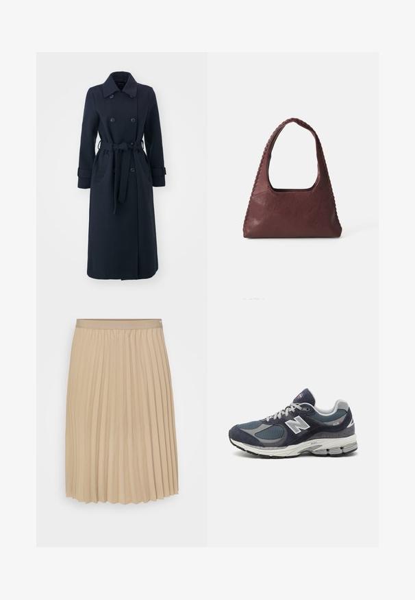 Námornícky modrý trenčkot vyrobený z vlneného zloženia tkaniny, so zapínaním na dvojité gombíky, pásom a bočnými vreckami.; Pánska polo košeľa s dlhými rukávmi v bordovej a bielej farbe, ktorá má golier, zapínanie na tri gombíky a vyšívané logo na hrudi.; Krémová plisovaná sukňa s plochým pásom. Látka je hladká, s vertikálnymi záhybmi a lemom so zúbkovaným okrajom. Elegantný a jednoduchý dizajn.; Tenisky New Balance s námorníckou sieťou a zvrškom z semišu, so šedými akcentmi, bielym logom, polstrovanou podrážkou a textúrovanými detailami.; Burgundská kožená kabelka trojuholníkového tvaru, s otvoreným vrchom a vrúbkovaným detailom na rukoväti. Hladký povrch s matným finišom.