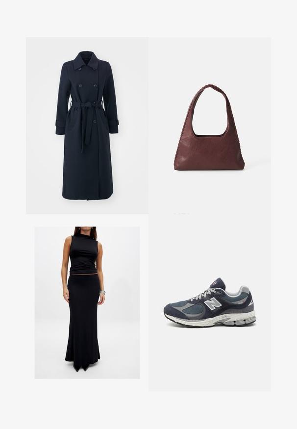 Marineblauwe trenchcoat van een wolblendstof, met een dubbelzijdige voorkant, een ceintuur in de taille en zijzakken.; Langarm gestreepte polo shirt in bordeauxrood en wit, met een kraag, een drukknoopsluiting met drie knopen en een geborduurd logo op de borst.; Mouwloos zwart topje met een hoge hals, gecombineerd met een aansluitende zwarte maxi rok. Beide kledingstukken zijn gemaakt van gladde stof en bevatten geen patronen.; New Balance sneakers met een marineblauwe mesh en suede bovenkant, grijze accenten, wit logo, gevoerde zool en gestructureerde details.; Bordeaux leren handtas met een driehoekige vorm, open bovenkant en vlechtwerk langs de handgreep. Soepele textuur met een matte afwerking.