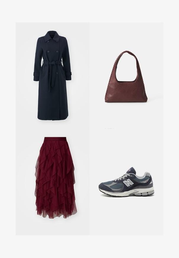 Mornarsko modra trench plašč iz mešanice wolne, z dvojno zadrgo, pasom in stranskimi žepi.; Polo majica s dolgimi rokavi, progasta v burgundski in beli barvi, z ovratnikom, trojnim gumbom in izvezenim logotipom na prsih.; Burgundska tilska krilo z večplastnimi volani, širokim pasom in tekočo silhueto. Lahka, strukturirana tkanina poudarja gibanje.; Tenis New Balance z zgornjim delom iz mornarskega mrežastega materiala in semiša, s sivimi detajli, belim logotipom, oblazinjeno podplatom in teksturiranimi detajli.; Burgundska usnjena torba v trikotni obliki, odprta na vrhu, s pletenim detajlom ob ročaju. Gladka tekstura z mat zaključkom.