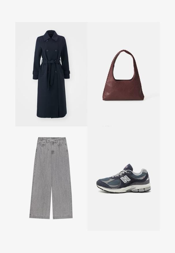 Tamsiai mėlynas vilnos mišinio paltas, turintis dvigubą užsegimą, diržą juosmeniui ir šonines kišenes.; Ilga rankovė juostuota polo marškinėliai burgundiškai raudonos ir baltos spalvos, su apykakle, trimis mygtukais ir siuvinėtu logotipu ant krūtinės.; Pilkos džinsinės plačios kelnės su elastingu juosmeniu ir virvute, dviem priekinėm kišenėm ir tiesiu kojų dizainu.; New Balance sportbačiai su tamsiai mėlyna tinkliniu ir veliūro viršumi, pilkomis detalėmis, baltu logotipu, paminkštintu padu ir tekstūruotais akcentais.; Burgundi odinės rankinės trikampio formos, atvira viršuje ir pintas detalės palei rankeną. Lygus paviršius su matinio apdaila.