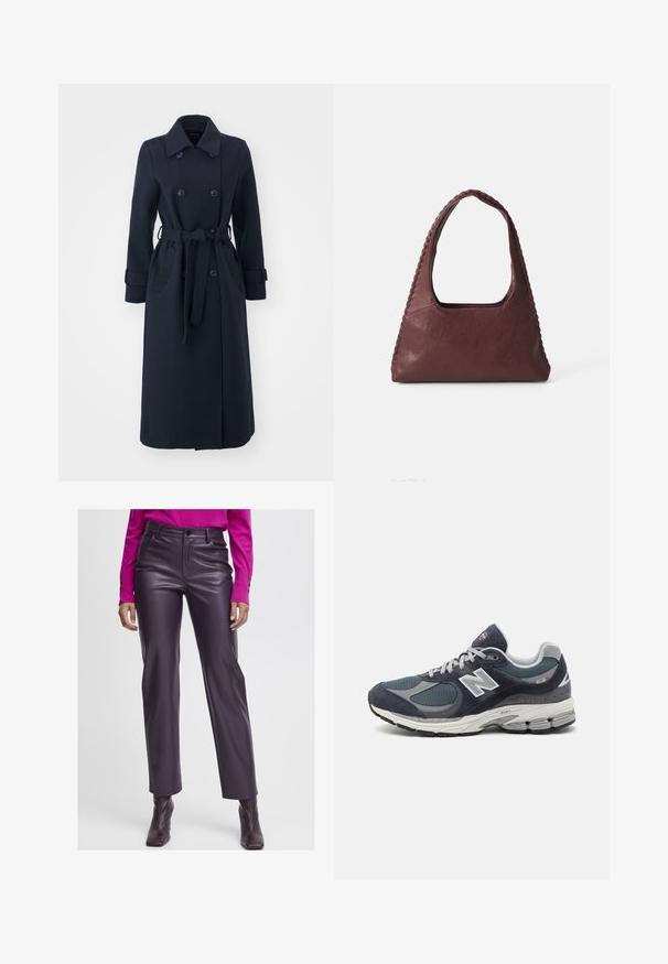 Mornarsko modra trench plašč iz mešanice wolne, z dvojno zadrgo, pasom in stranskimi žepi.; Polo majica s dolgimi rokavi, progasta v burgundski in beli barvi, z ovratnikom, trojnim gumbom in izvezenim logotipom na prsih.; Lila umetni usnjeni hlače z visokim pasom, gladke teksture, ravnega kroja in sprednjimi žepi. Ujemajo se z roza dolgem rokavu.; Tenis New Balance z zgornjim delom iz mornarskega mrežastega materiala in semiša, s sivimi detajli, belim logotipom, oblazinjeno podplatom in teksturiranimi detajli.; Burgundska usnjena torba v trikotni obliki, odprta na vrhu, s pletenim detajlom ob ročaju. Gladka tekstura z mat zaključkom.