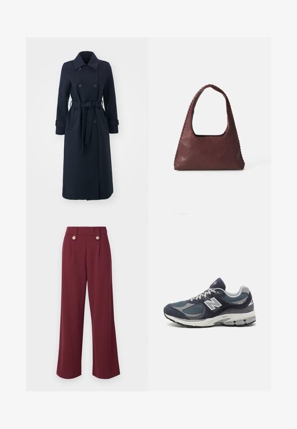 Trench-coat bleu marine en tissu mélange de laine, avec un double boutonnage à l'avant, une taille ceinturée et des poches latérales.; Polo à manches longues rayé bordeaux et blanc, avec un col, une patte de boutonnage à trois boutons, et un logo brodé sur la poitrine.; ONLY ONLSANIA TIE BUTTON PANT - Pantalon classique - burgundy; Baskets New Balance avec un dessus en mesh et en daim marine, des accents gris, un logo blanc, une semelle rembourrée et des détails texturés.; Sac à main en cuir bordeaux avec une forme triangulaire, un haut ouvert et des détails tressés le long de la poignée. Texture lisse avec une finition mate.