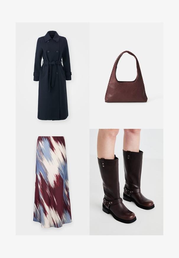 Tums zila virsjakas mēteli no vilnas maisījuma auduma, ar divrindu piegriezumu priekšā, jostu viduklī un sānu kabatām.; Trīs bezpiedurkņu topi mint zaļā, melnā un bēšā krāsā; izgatavoti no ribotas auduma ar apaļu dekoltē. Redzama zīmola etiķete.; Garais svārki ar diagonālu saistīto krāsu rakstu bordo, zilā un krējuma krāsās, izgatavoti no mīkstas auduma, kam ir plūstoša silueta un neliels spīdums.; Biezie ādas līdz ceļiem zābaki ar gludu tekstūru, ar plašu siksnu un trīsstūra metāla detaļām, ar plakanām gumijas zolēm.; Burgundijas krāsas ādas rokassoma ar trīsstūra formu, atvērta augšdaļa un izsieta detaļa gar rokturi. Gluda tekstūra ar matētu apdari.