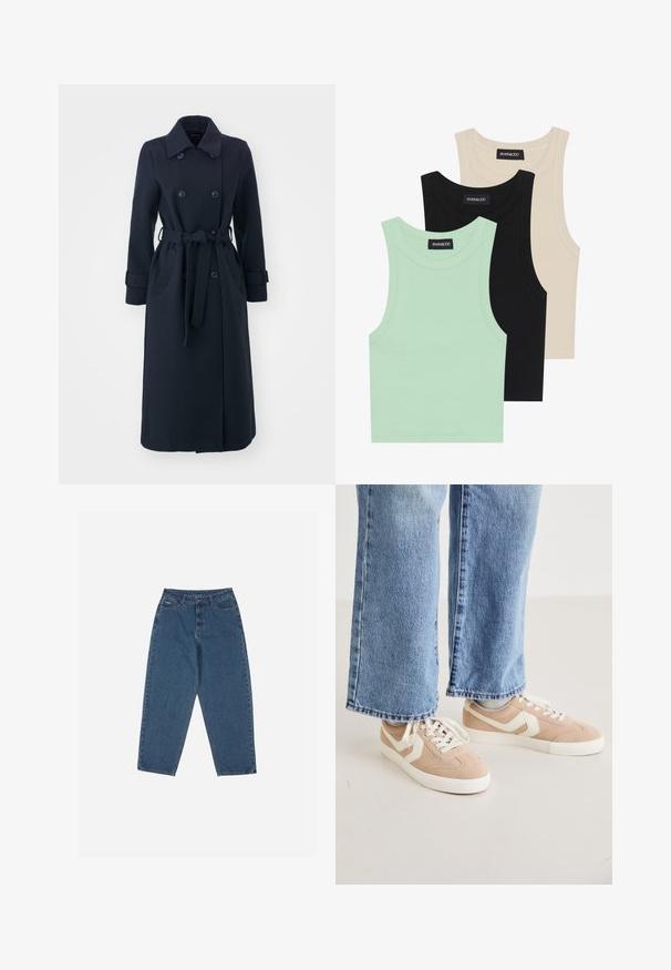 Navy blue trench coat made of wool blend fabric, featuring a double-breasted front, belted waist, and side pockets.; Three tank tops in mint green, black, and beige; made of ribbed fabric with a round neckline and no sleeves. Brand label visible.; Blue denim jeans with a relaxed fit, high waist, five-pocket design, and stitching accents. Features a button and zipper closure.; Beige suede sneakers with white accents, flat rubber sole, and lace-up design. Worn with light blue wide-leg jeans.